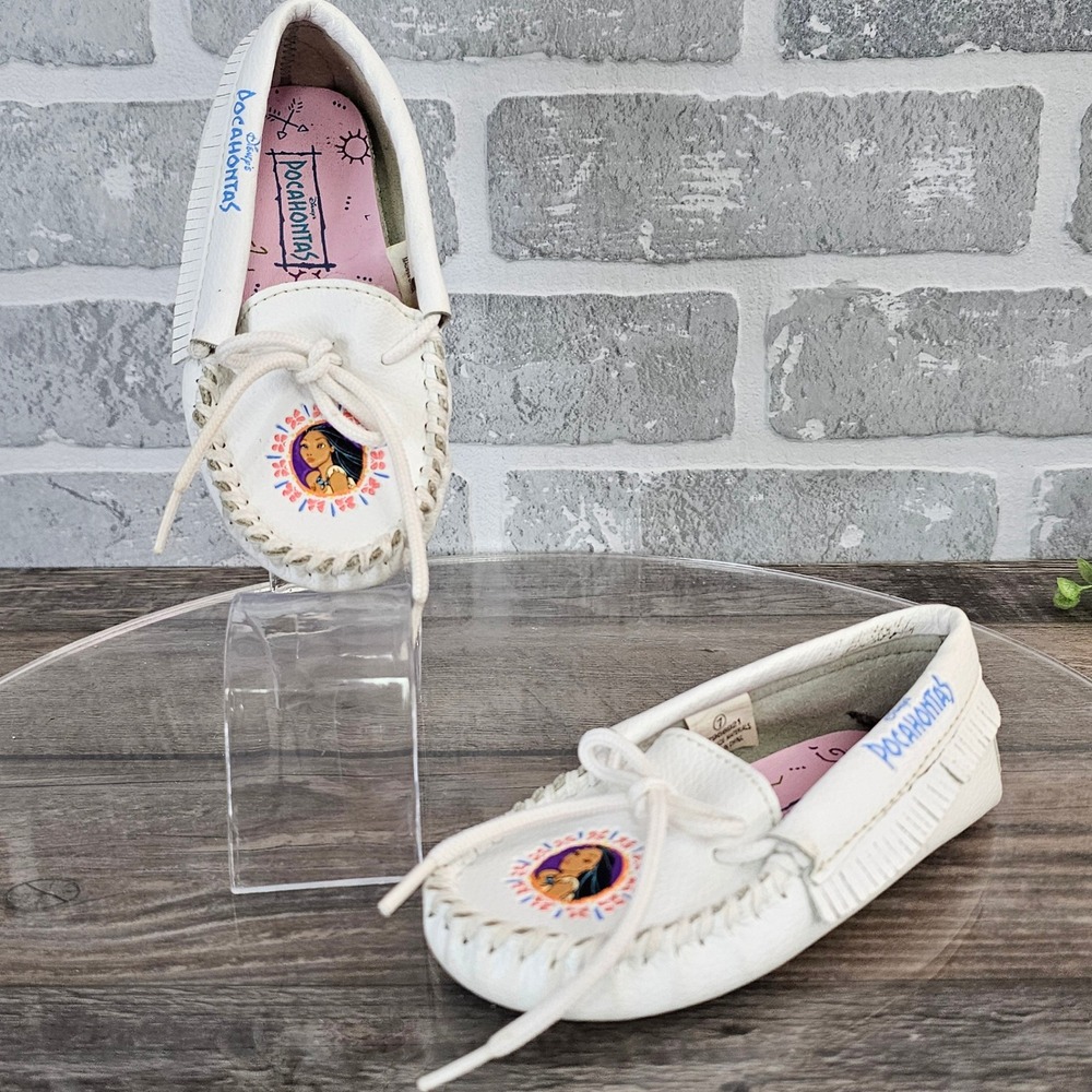 Vintage Disney Pocahontas Moccasins White Leather Fringe Shoes Toddler Girls 7